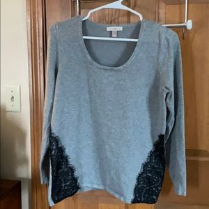 Comfy gray and black sweater w lace trim